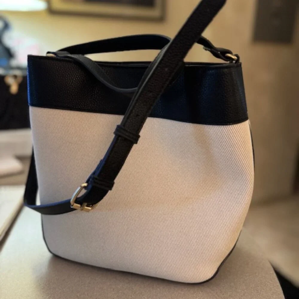 Nanette Lepore black leather and beige canvas shoulder handbag (#102) - Picture 8 of 8